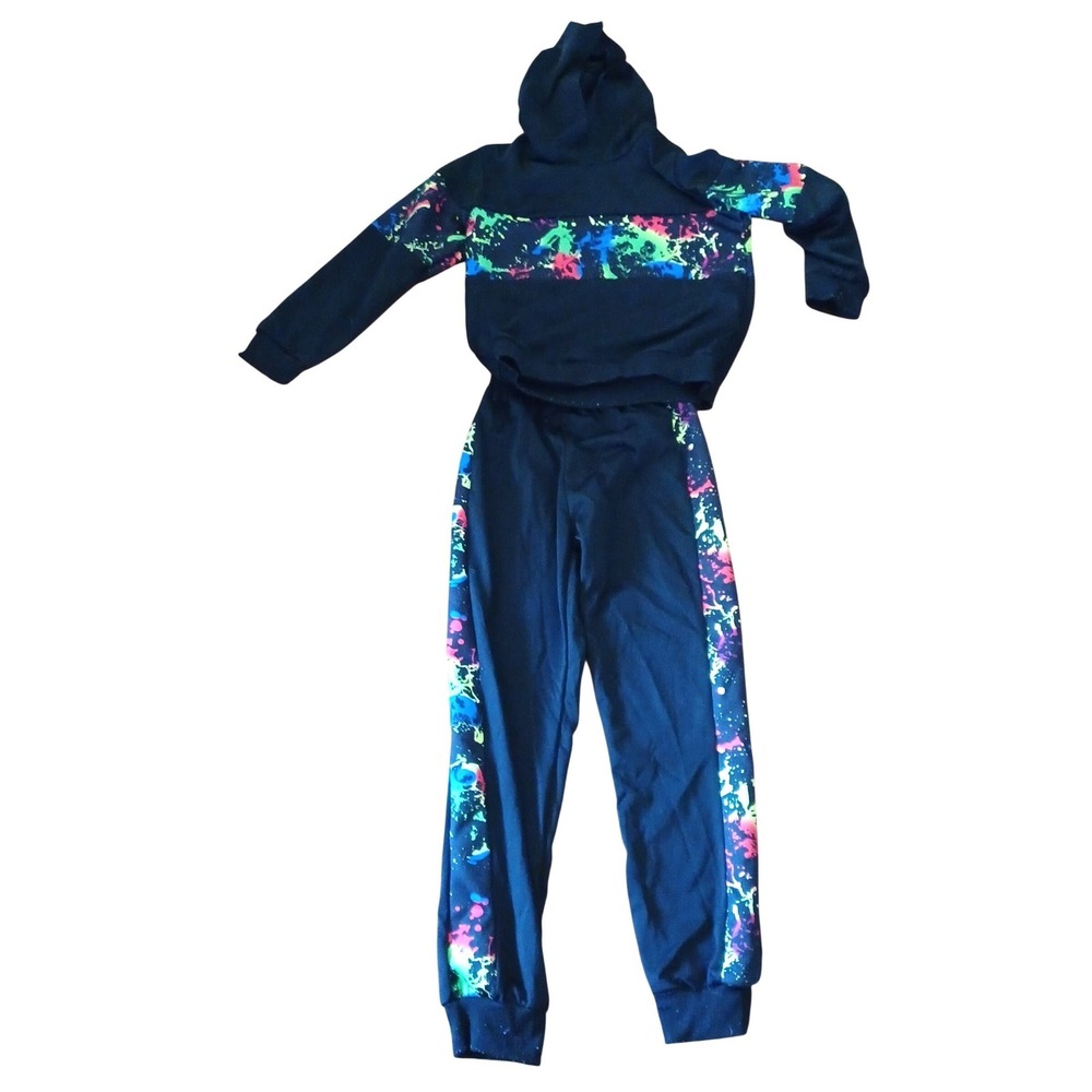 Girls Black Neon Paint Splatter Hoodie and Joggers Tracksuit Set Sz 140 US Sz 10